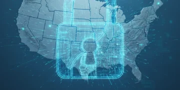 Futuristic digital lock protecting data over a US map, symbolizing 2026 digital identity security.