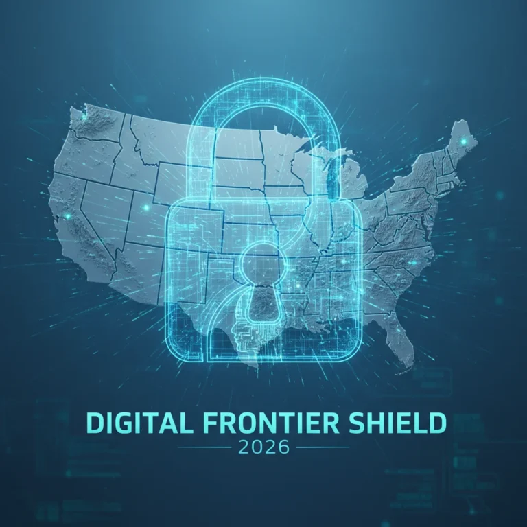 Futuristic digital lock protecting data over a US map, symbolizing 2026 digital identity security.