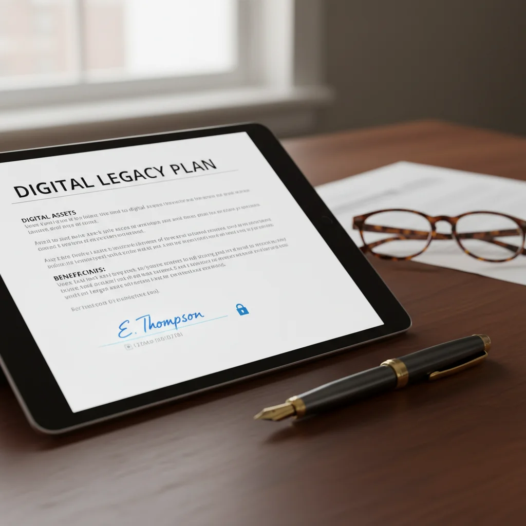 Legal document with digital signature on a tablet, symbolizing formal digital legacy planning.