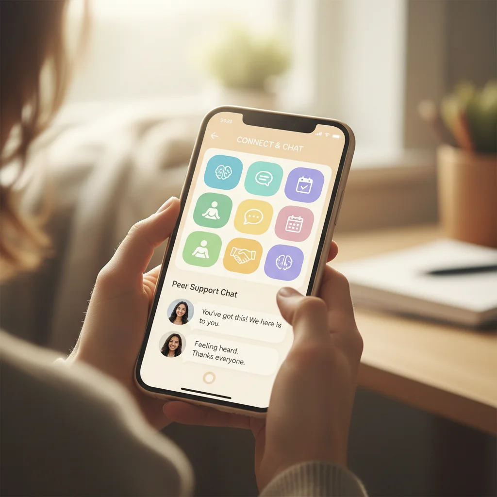 Smartphone displaying a digital mental health app for peer support among adolescents.