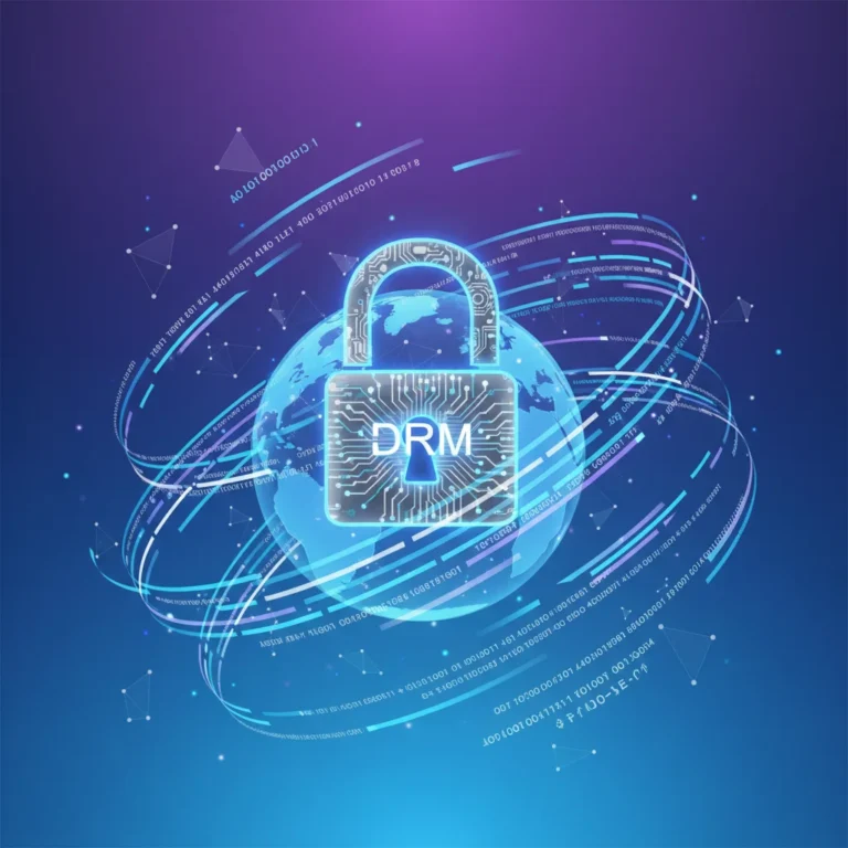 Digital Rights Management lock icon safeguarding global content