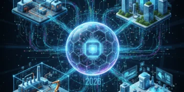 Digital Twin Applications: US Industries 2026 Forecast Futuristic digital twin network connecting US industries by 2026
