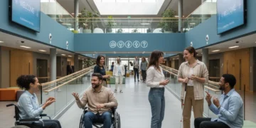 Diverse group of people with disabilities interacting in an accessible public space
