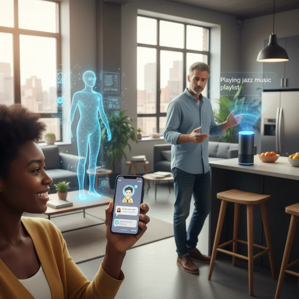 Diverse US users interacting with AI companions on various devices, showing integration into daily life.