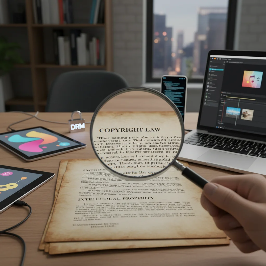Legal document and digital devices illustrating DRM legal frameworks