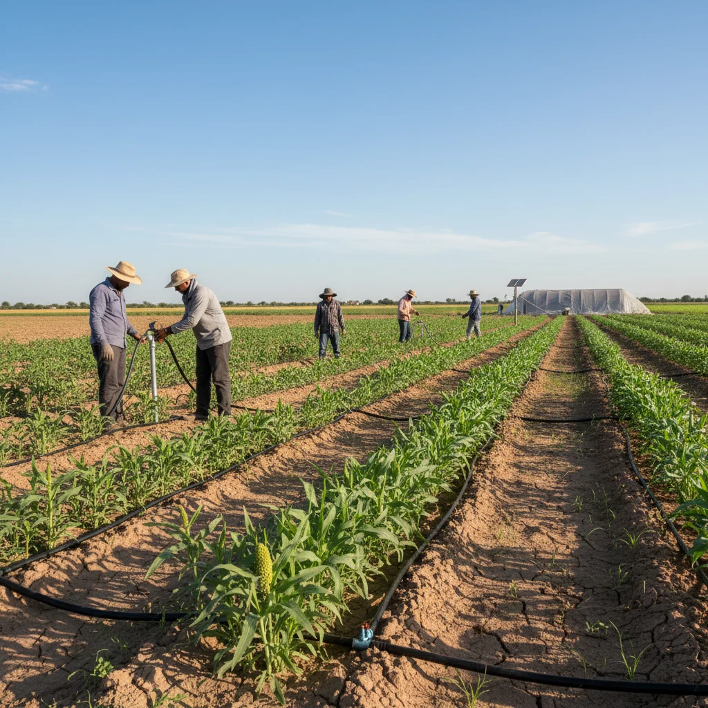 Farmers employing drip irrigation for drought-resistant crops in arid land.