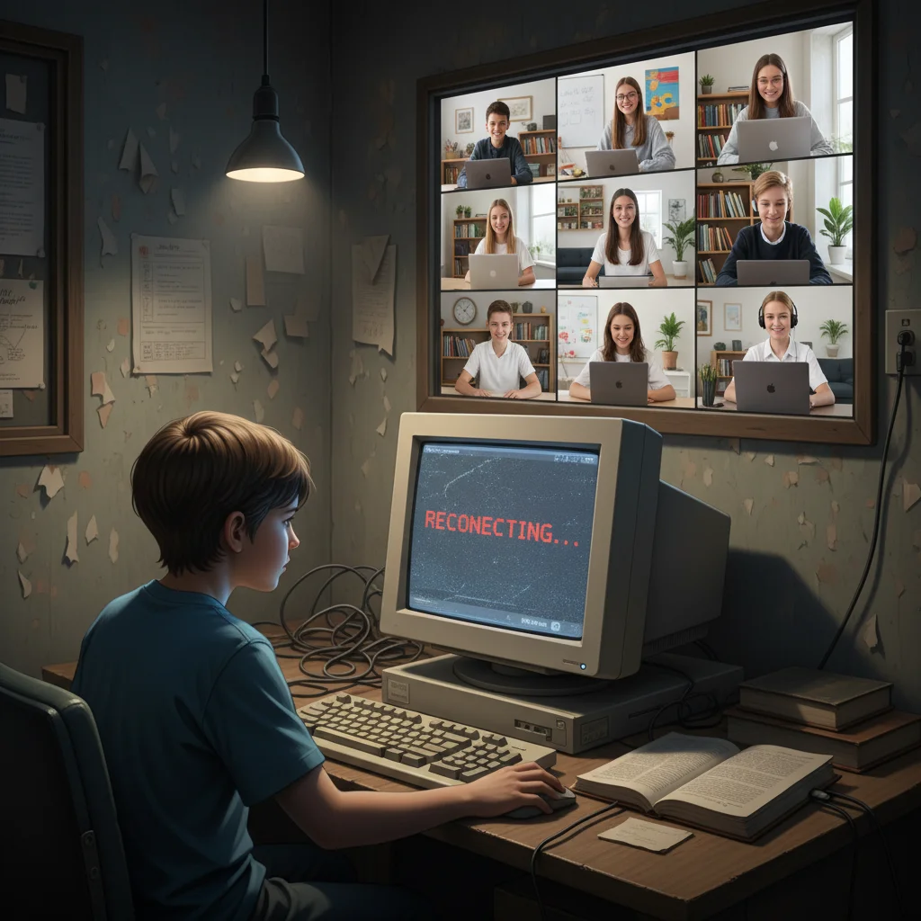 Student struggling with slow internet for online learning, symbolizing educational disparities in the digital divide.