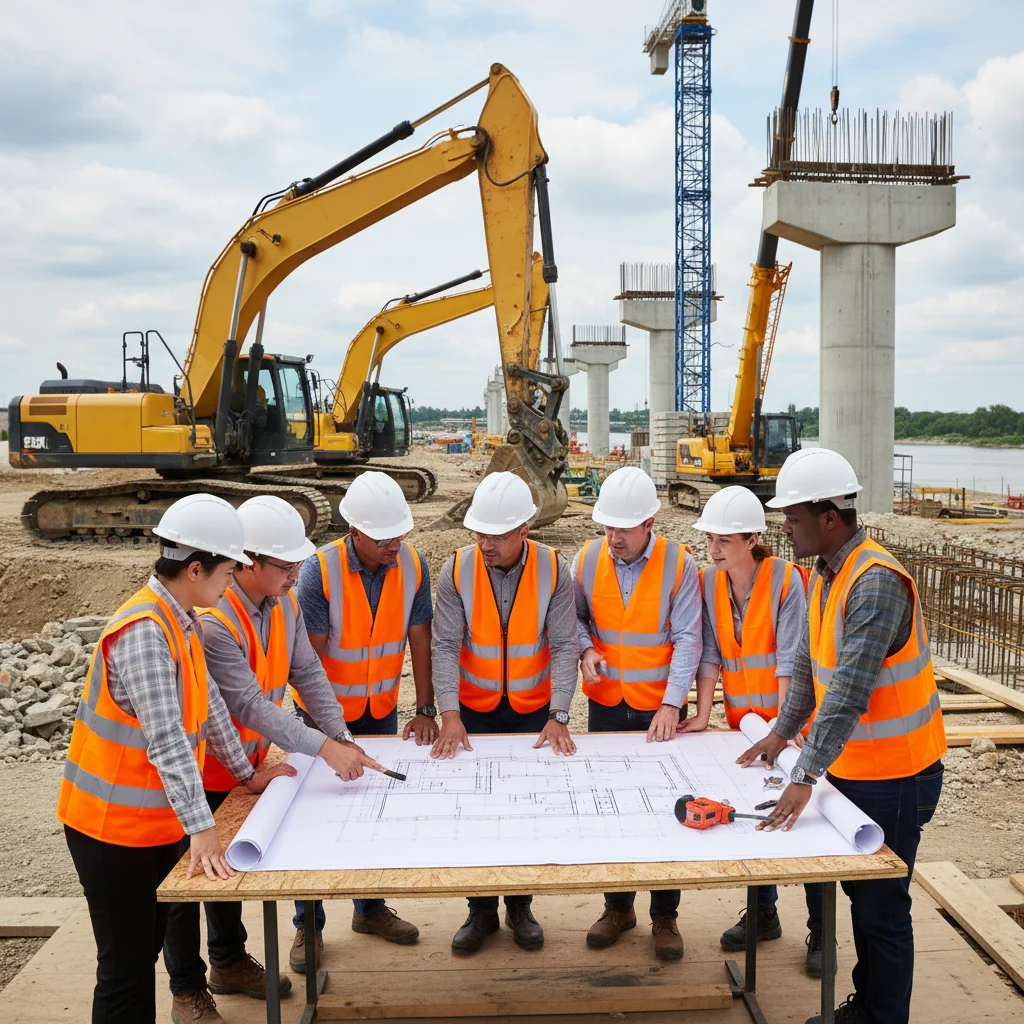 Engineers and construction workers reviewing bridge blueprints on site