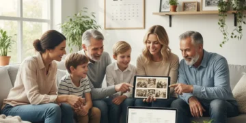 Family reviewing digital photos and documents on devices, emphasizing digital legacy planning in 2026.