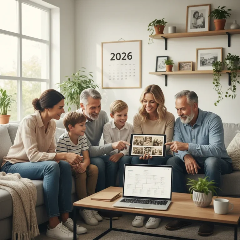 Family reviewing digital photos and documents on devices, emphasizing digital legacy planning in 2026.