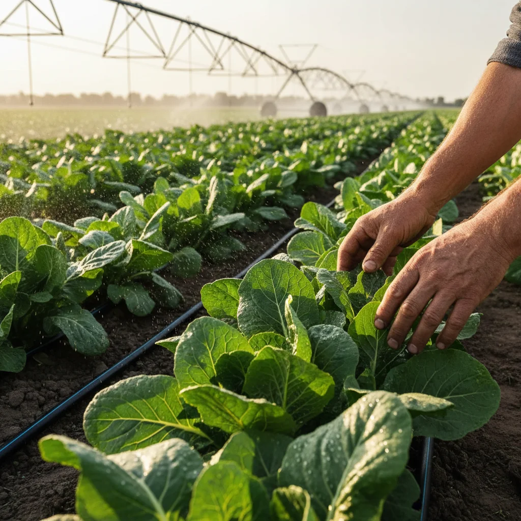 Farmer's hands examining healthy crops, showcasing sustainable farming and irrigation technology.