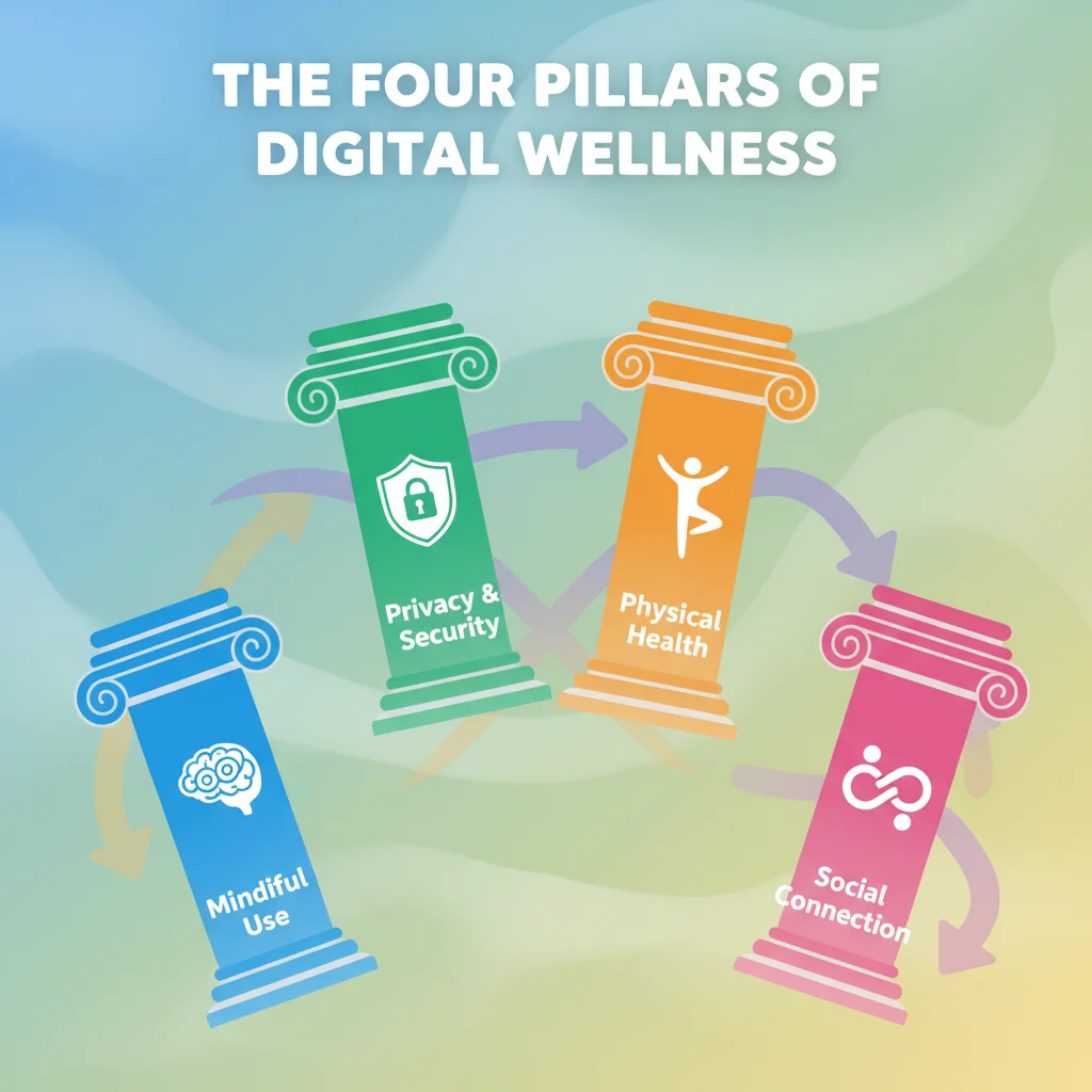 Infographic showing the four pillars of digital wellness framework.