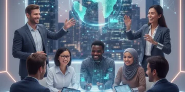 Professionals collaborating virtually with advanced holographic technology and futuristic devices in a modern setting.