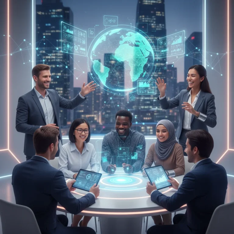 Professionals collaborating virtually with advanced holographic technology and futuristic devices in a modern setting.