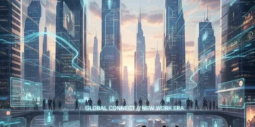Futuristic cityscape with digital overlays and diverse professionals working, symbolizing the future of work in 2026.