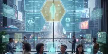 Futuristic digital interface showing AI applications for US consumers in 2026
