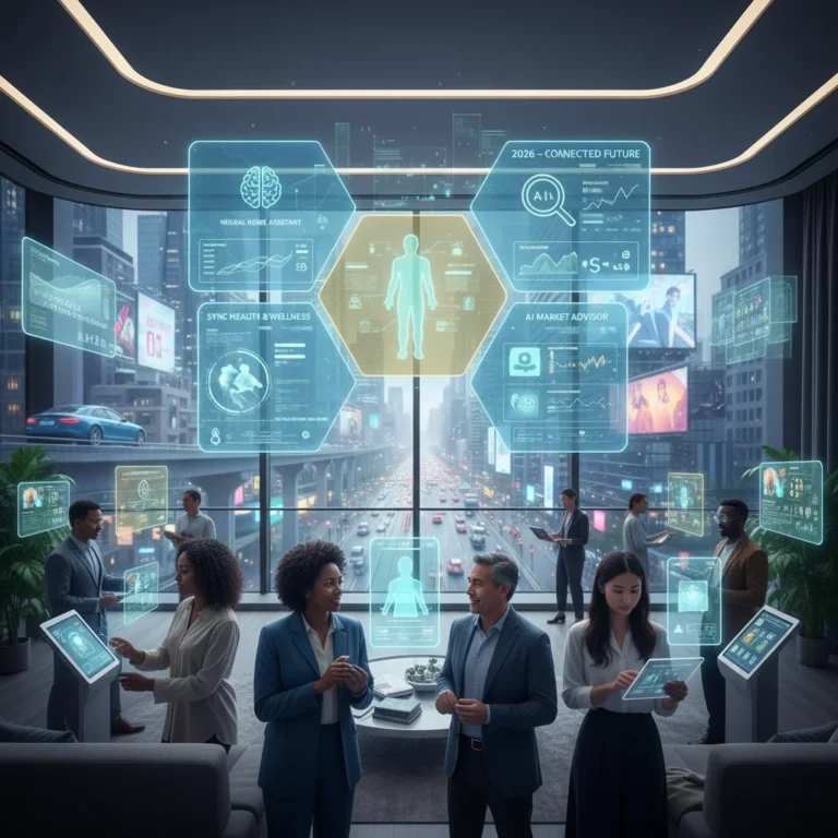 Futuristic digital interface showing AI applications for US consumers in 2026