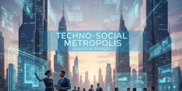 Futuristic city with digital overlays representing automation's impact on a diverse workforce.