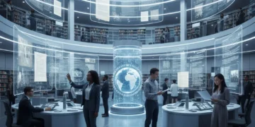 Futuristic digital archive interface showcasing preserved historical documents and data.