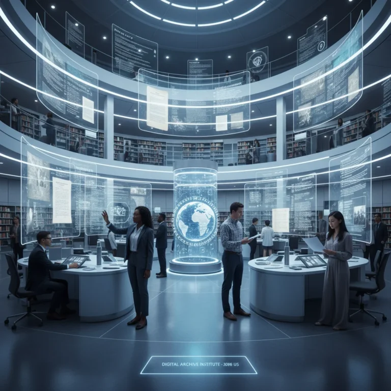 Futuristic digital archive interface showcasing preserved historical documents and data.