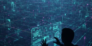 Futuristic digital landscape with person managing their online data and digital footprint