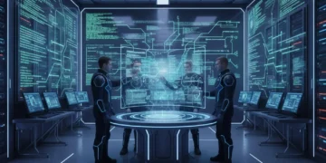 Futuristic digital forensics lab with law enforcement analyzing data