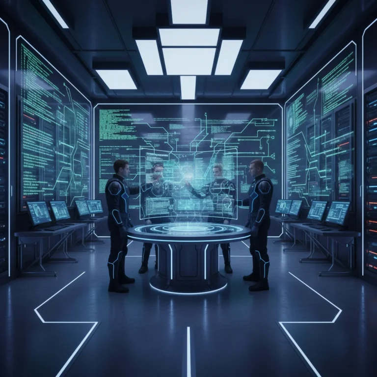 Futuristic digital forensics lab with law enforcement analyzing data
