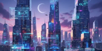 Futuristic cityscape with digital overlays representing emerging digital trends