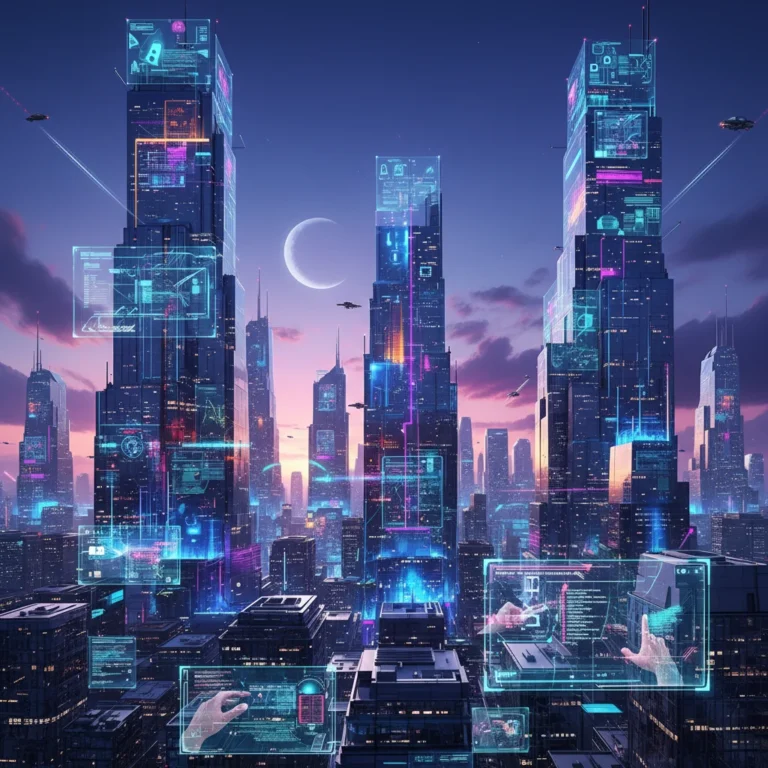 Futuristic cityscape with digital overlays representing emerging digital trends