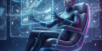 Futuristic human interacting with digital interface via neural and haptic tech