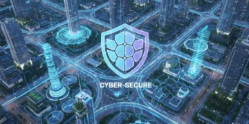 Cybersecurity in IoT: Protecting U.S. Infrastructure with 4 New Protocols in 2026 Futuristic cityscape with IoT connections and a cybersecurity shield, representing protected U.S. infrastructure.