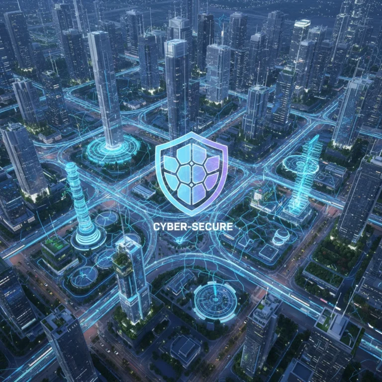 Futuristic cityscape with IoT connections and a cybersecurity shield, representing protected U.S. infrastructure.