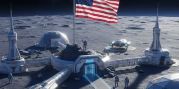 Futuristic lunar base with US flag, advanced spacecraft, and astronauts on the Moon, with Earth in the background.