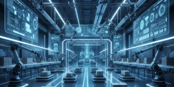Autonomous robots and robotic arms streamlining operations in a modern logistics warehouse.