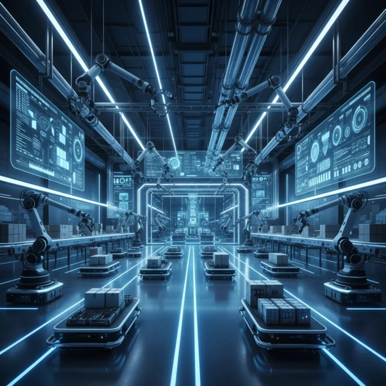 Autonomous robots and robotic arms streamlining operations in a modern logistics warehouse.