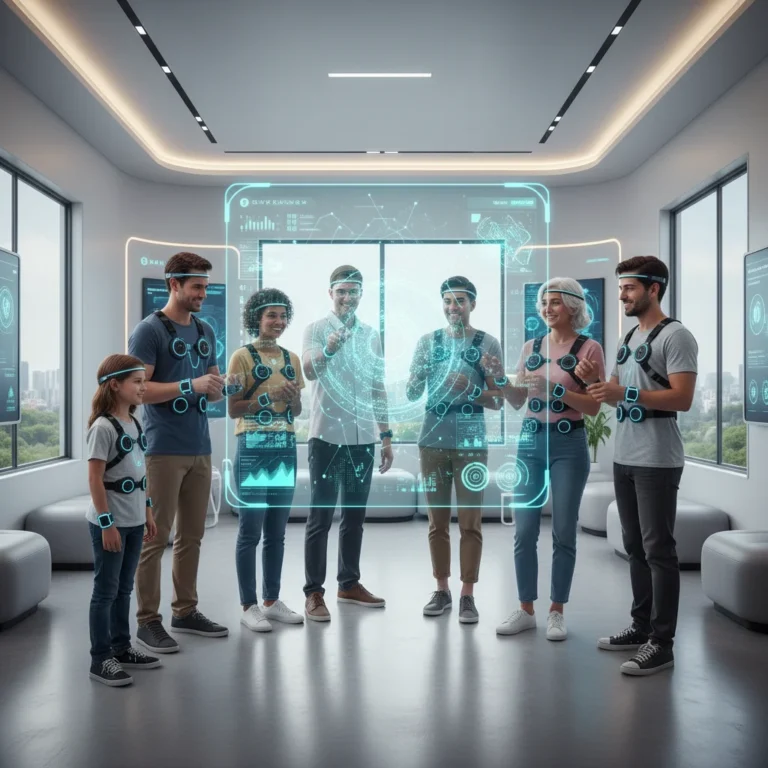Futuristic wearable health devices monitoring various vital signs on diverse individuals in a smart health environment.