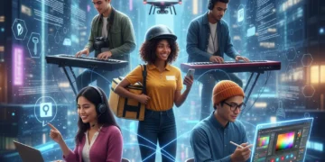 Diverse gig workers in a modern city, symbolizing the interconnectedness and future of the gig economy.