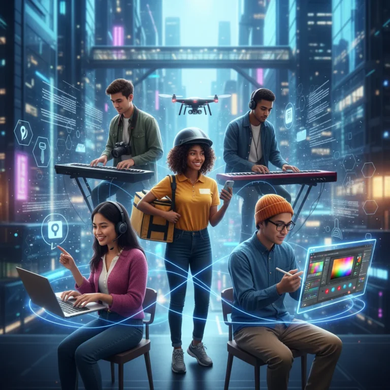 Diverse gig workers in a modern city, symbolizing the interconnectedness and future of the gig economy.