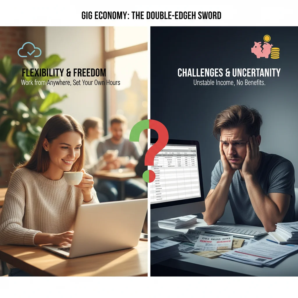 Contrast between gig work flexibility and challenges, showing work-life balance and financial stress.