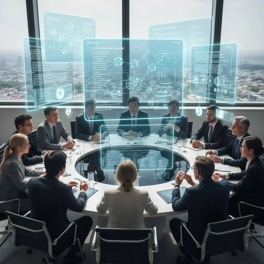 Policymakers and tech experts discussing AI regulations and ethical frameworks.
