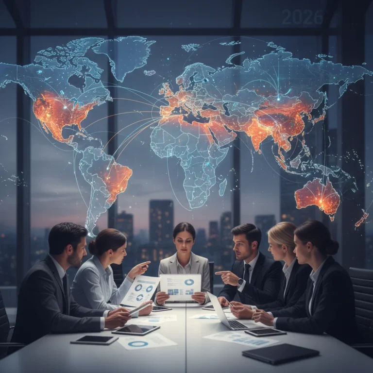 Global data localization map with business professionals discussing compliance.