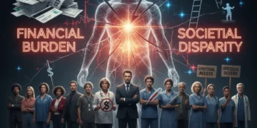 Diverse people facing a broken healthcare system, illustrating the financial and societal impact of inequality.