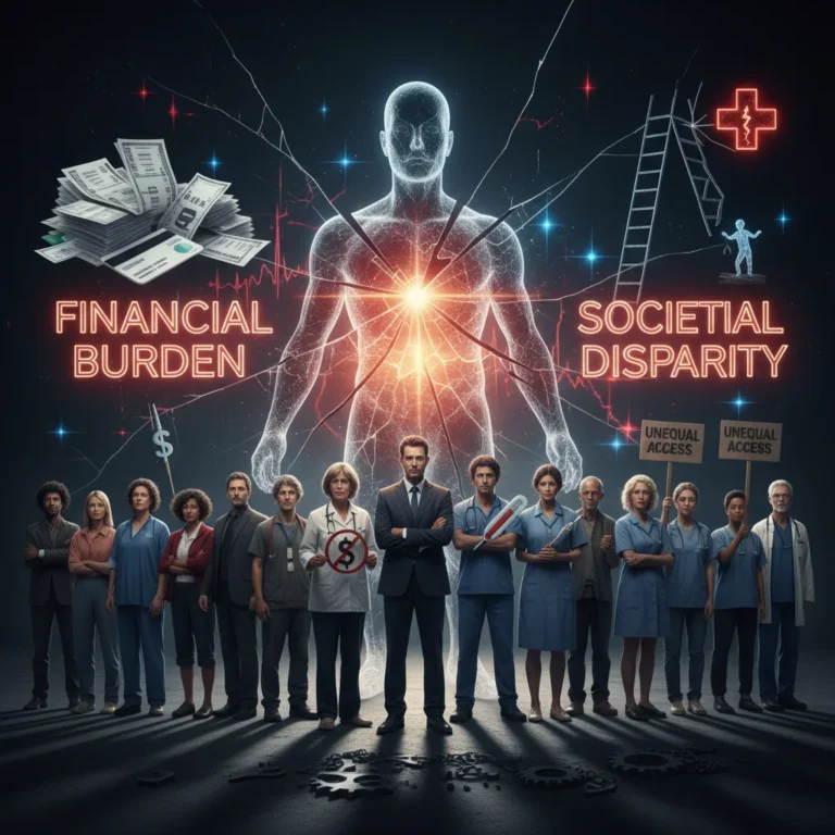 Diverse people facing a broken healthcare system, illustrating the financial and societal impact of inequality.