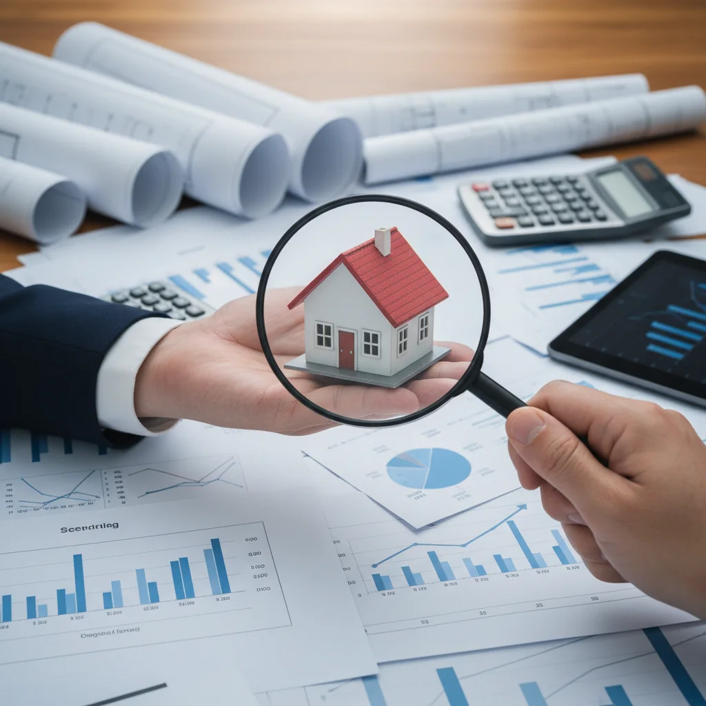 Hand holding model house with magnifying glass over policy documents