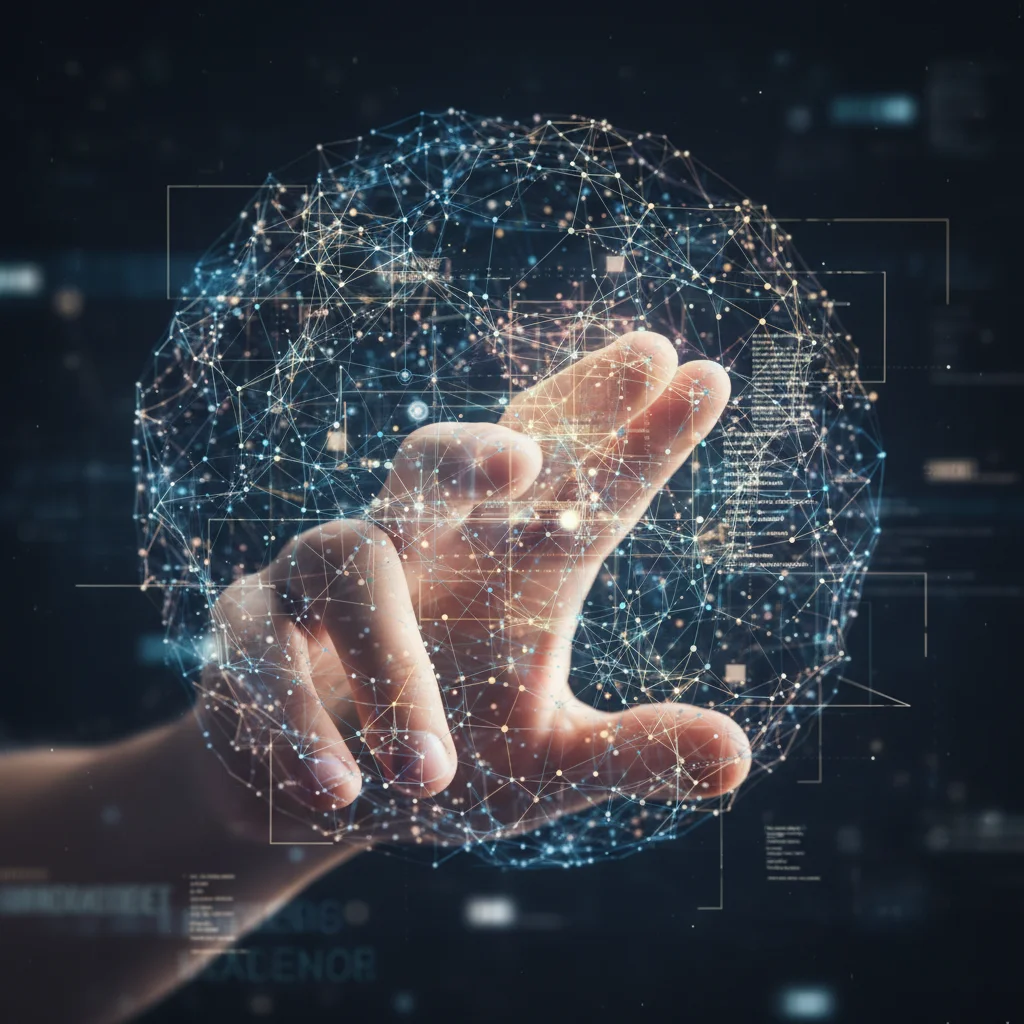 Human hand interacting with an abstract glowing neural network, symbolizing AI transparency.