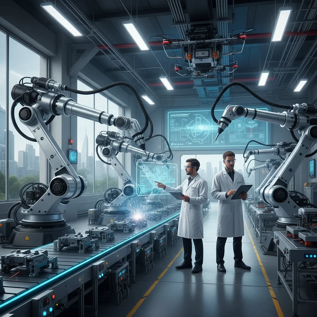 Robotics and human technicians collaborating in a modern factory setting, depicting human-AI partnership.