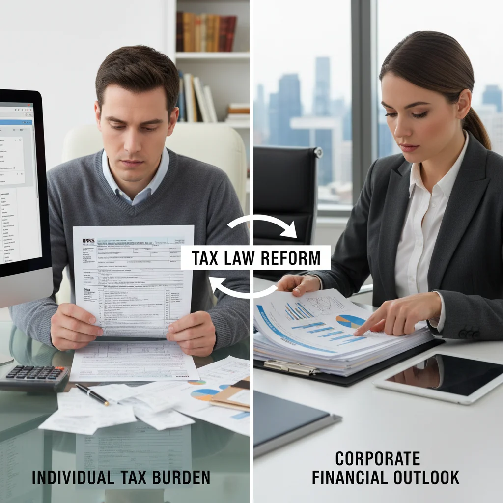 Individual and business owner analyzing tax forms, illustrating impact of tax law changes.