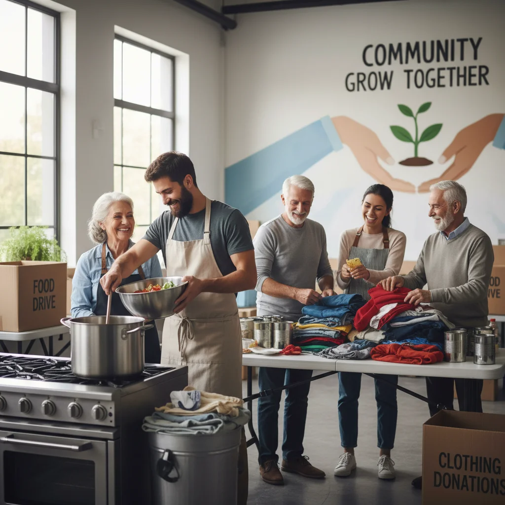 Intergenerational volunteers collaborating in community center