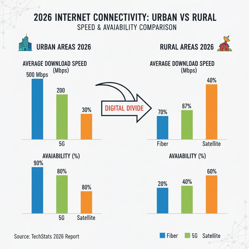 Infographic comparing 2026 internet speeds and availability in urban versus rural regions.