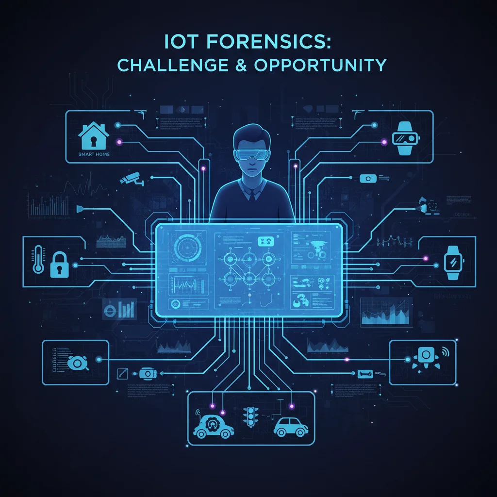 Digital forensics expert analyzing interconnected IoT devices
